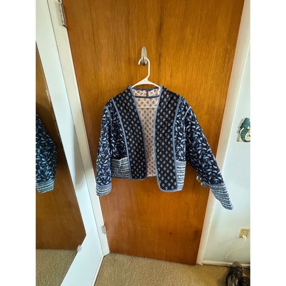 Jackets & Blazers - Reversible Quilted Jacket Navy Blue Red Floral Paisley Boho Open Front Cropped